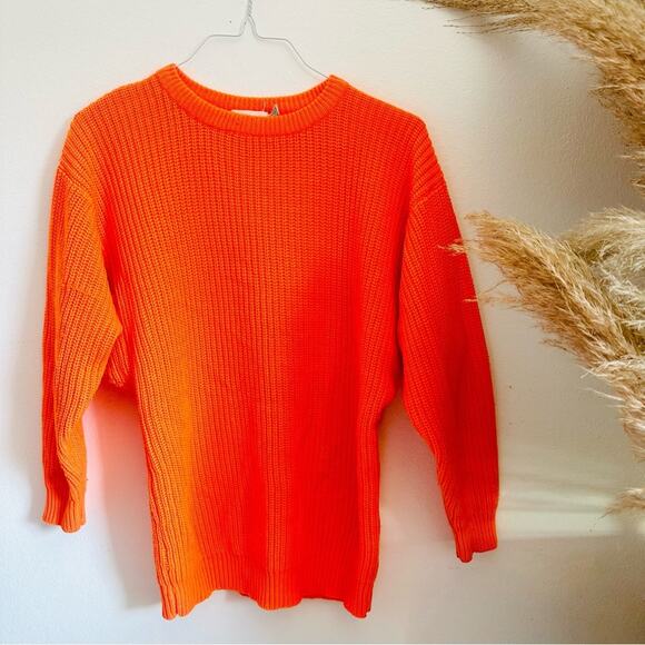 EXPRESS Neon Orange Chunky Thick Knit Tunic Pullover Crew Neck Cozy Sweater M - Picture 3 of 14